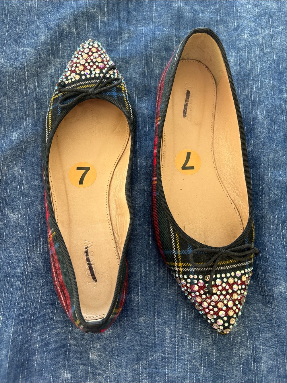 J. Crew Multicolor Plaid Pointed Flats with Crystal Toe